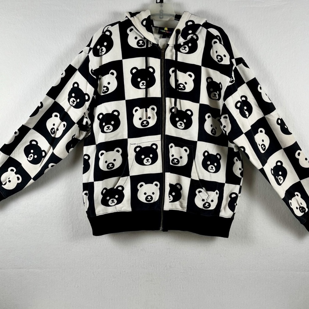 Teddy Fresh Bear Checkerboard Full Zip Hoodie Sweatshirt Size Small Y2K Inspired